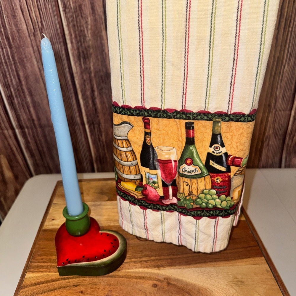 Norton Watermelon Heart Wood Candle Holder Wine Vineyard Tea Towel Set Red Green